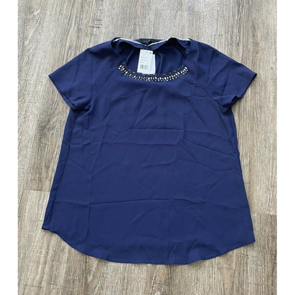 Sanctuary Womens Short Sleeve Studded Embellished Blouse Tanzanite Blue Sz Small